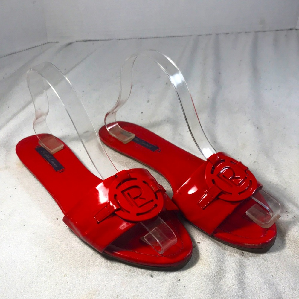 Ralph Lauren Vintage Women’s Red Patent Leather Slip On Metal Logo Slide Sandals